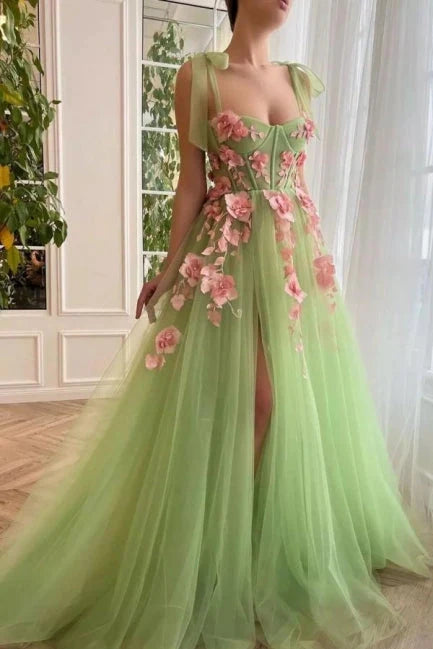 Sweetheart Straps Tulle A-Line 3D Florals Princess Prom Dress