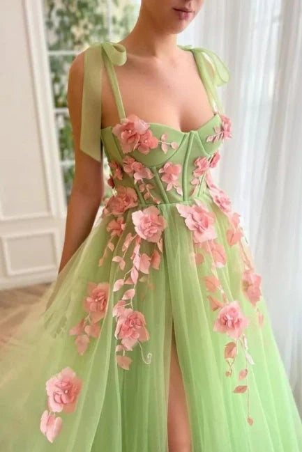 Sweetheart Straps Tulle A-Line 3D Florals Princess Prom Dress