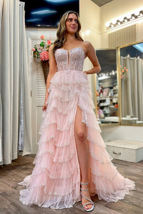 Tiered Lace A-Line Appliques Bateau Spaghetti Straps Long Prom Dress