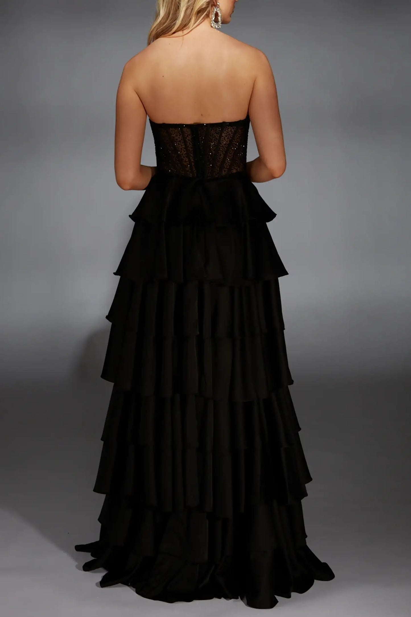 Tiered Satin A-Line Strapless Beaded Party Prom Dress