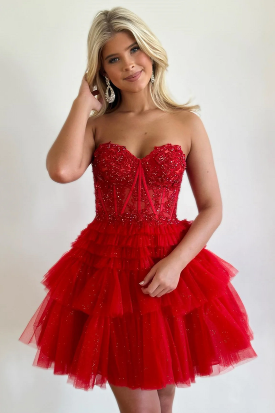 Tiered Two Tone Sweetheart Strapless Applique Short Homecoming Dress