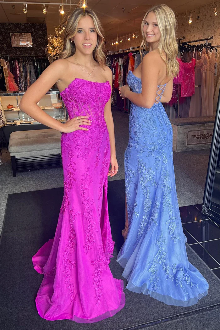 Trumpet Bateau Strapless Lace Appliques Long Prom Dress