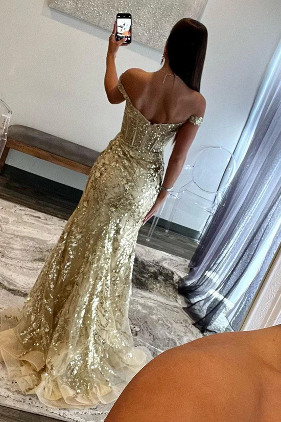 Trumpet Lace Appliques Off-Shoulder With Side Slit Prom Dress