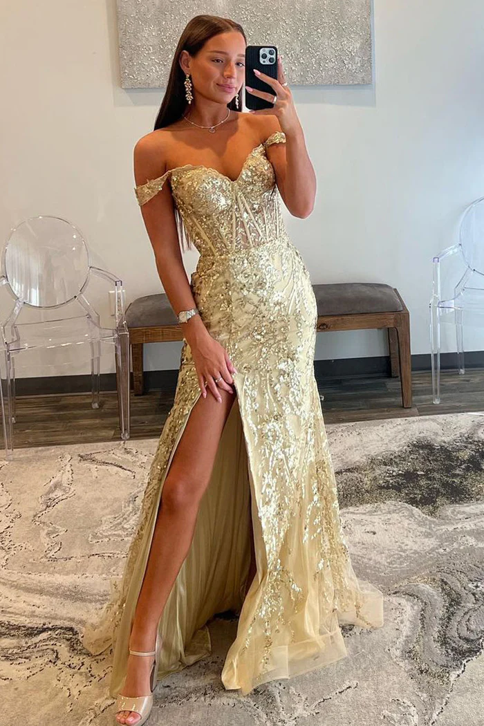 Trumpet Lace Appliques Off-Shoulder With Side Slit Prom Dress