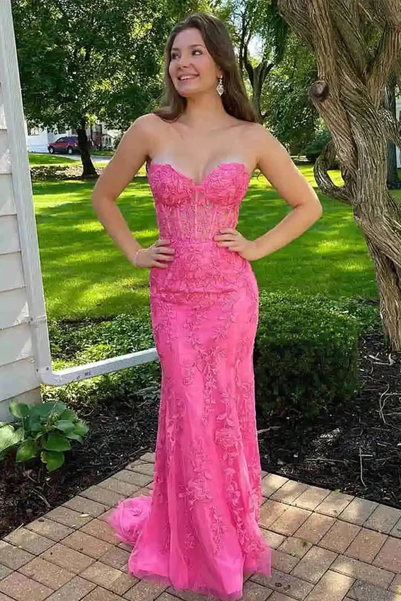 Trumpet Lace Appliques Sweetheart Strapless Long Prom Dress