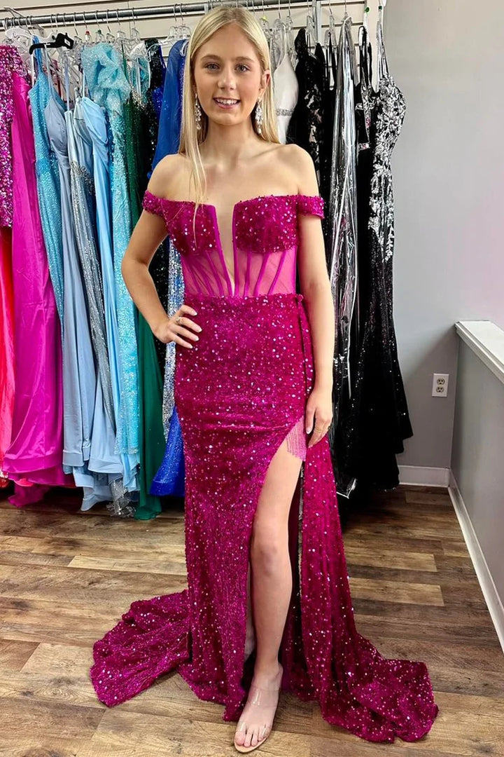 Trumpet Off-Shoulder Empire Sheer With Side Slit Sequins Prom Dress