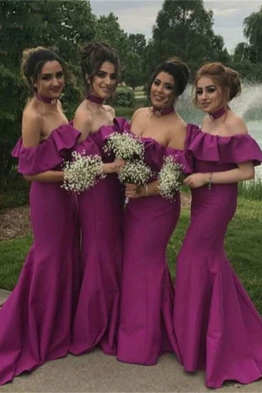 Trumpet Satin Ruffled Off-Shoulder Bridesmaid Dress