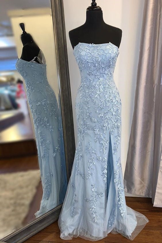 Trumpet Straoless Appliques With Side Slit Long Prom Dress