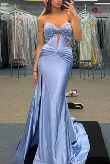 Trumpet Sweetheart Strapless Beaded With Train Party Prom Dress