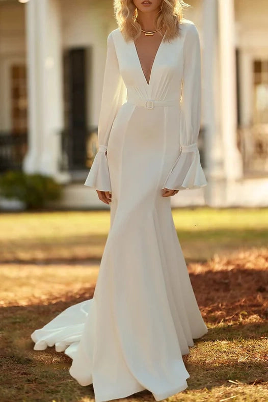 Trumpet V-Neck Long Sleeves Empire Satin Wedding Dress