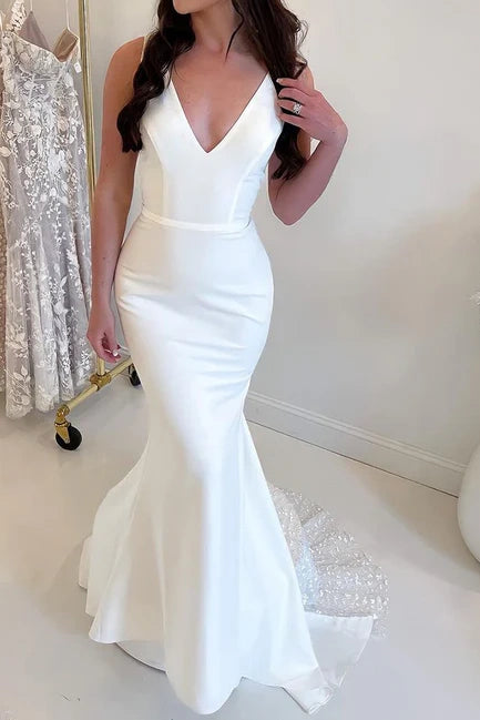 Trumpet V-Neck Sleeveless Open Back Wedding Dress With Train