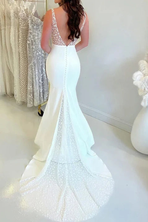 Trumpet V-Neck Sleeveless Open Back Wedding Dress With Train