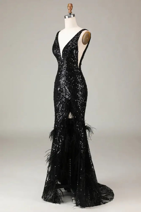 Trumpet V-Neck Sleeveless Open Back With Feathers Formal Dress