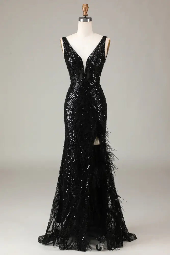 Trumpet V-Neck Sleeveless Open Back With Feathers Formal Dress