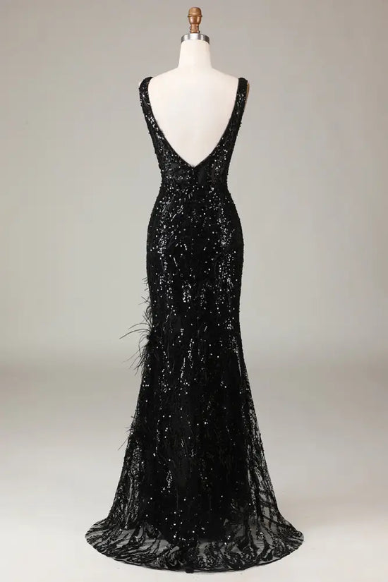 Trumpet V-Neck Sleeveless Open Back With Feathers Formal Dress