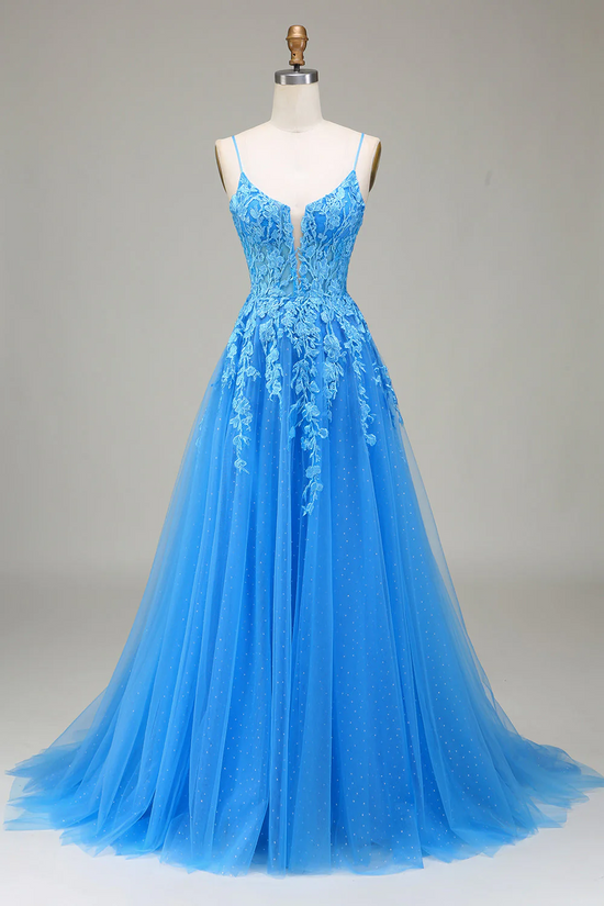 Tulle A-Line Bateau Spaghetti Straps Appliques Long Prom Party Dress