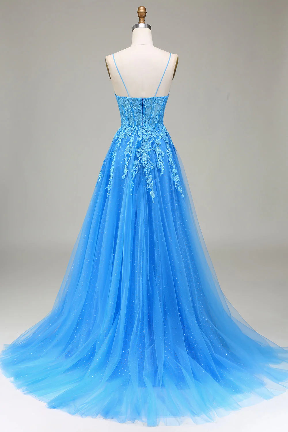 Tulle A-Line Bateau Spaghetti Straps Appliques Long Prom Party Dress