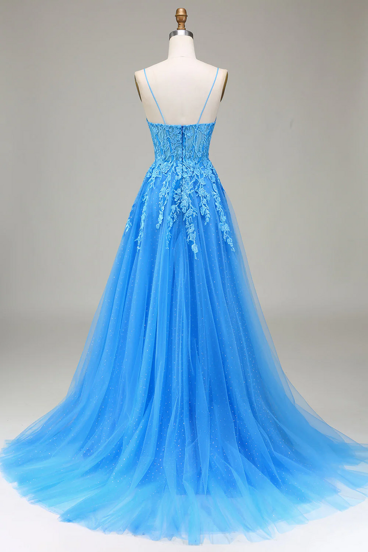 Tulle A-Line Bateau Spaghetti Straps Appliques Long Prom Party Dress