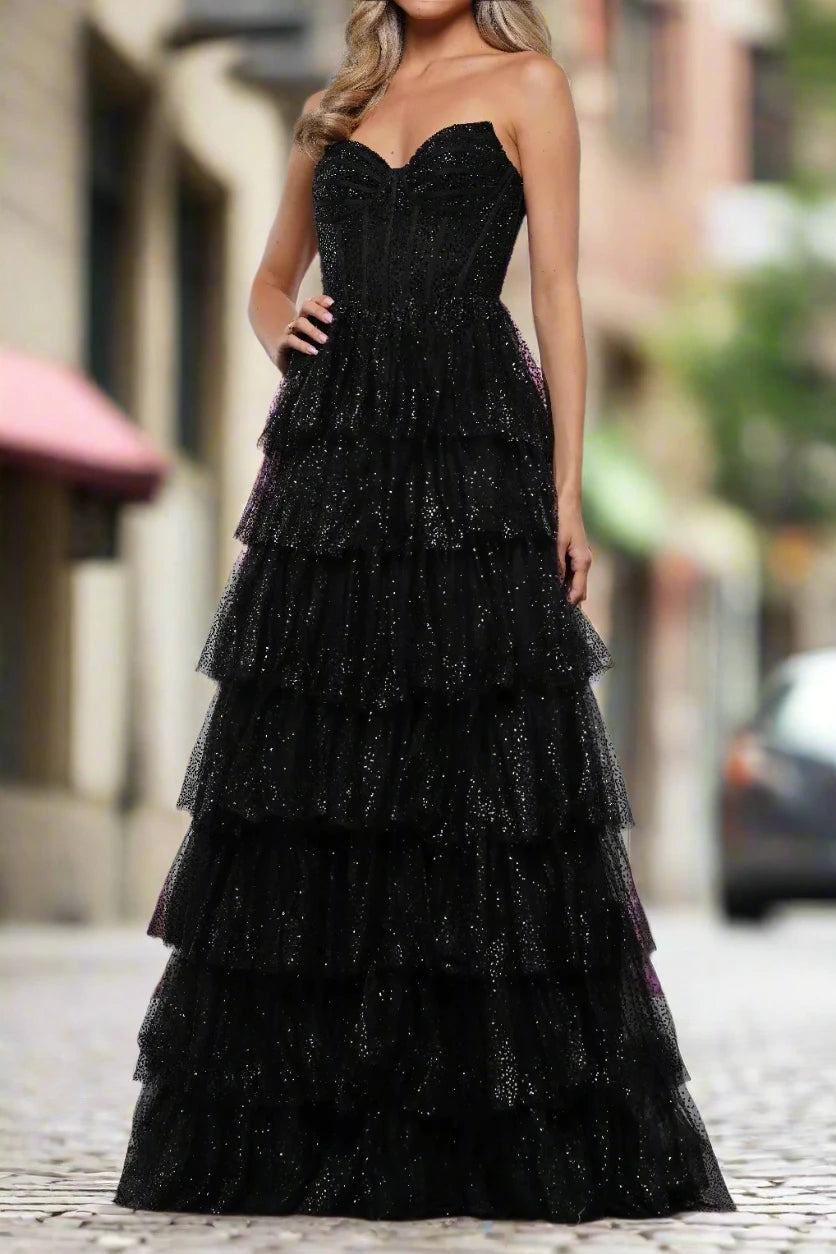 Tulle A-Line Empire Sleeveless Beaded Tiered Formal Party Dress