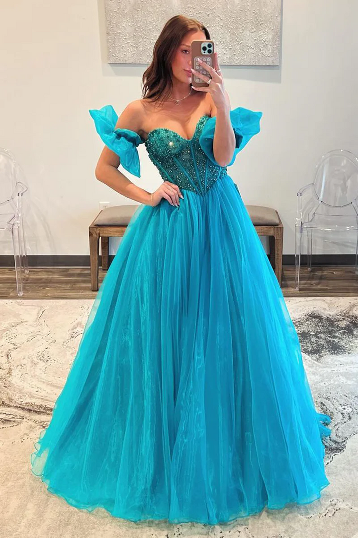 Tulle A-Line Empire Sweetheart Puff Sleeves Beaded Long Prom Dress