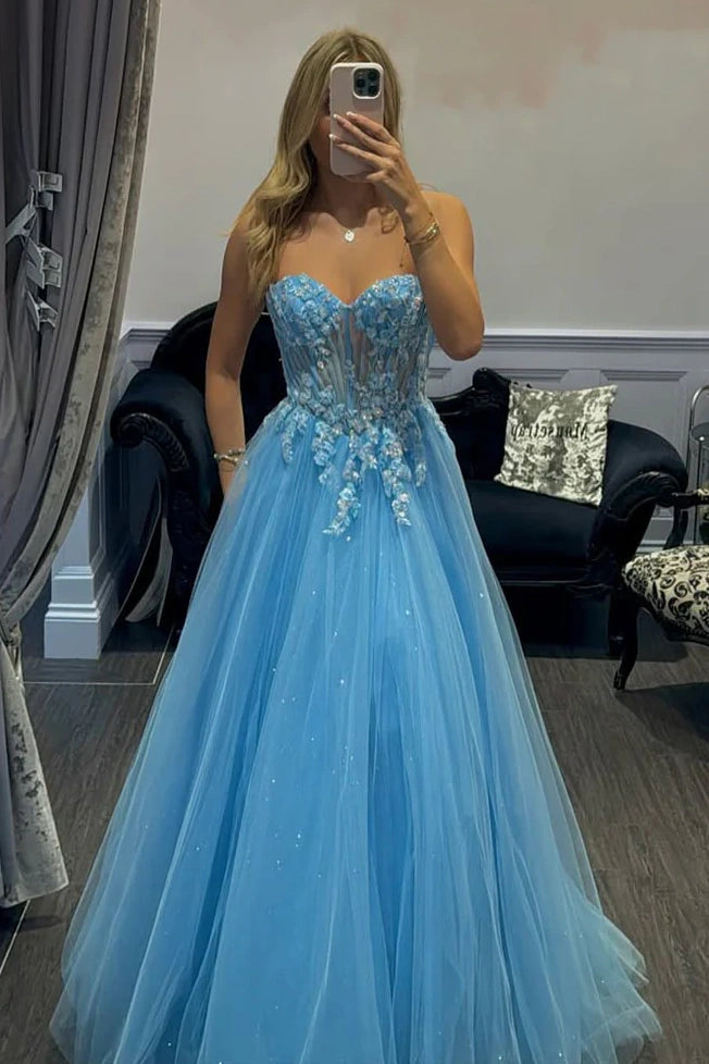 Tulle A-Line Lace Top Sweetheart Strapless Party Prom Dress
