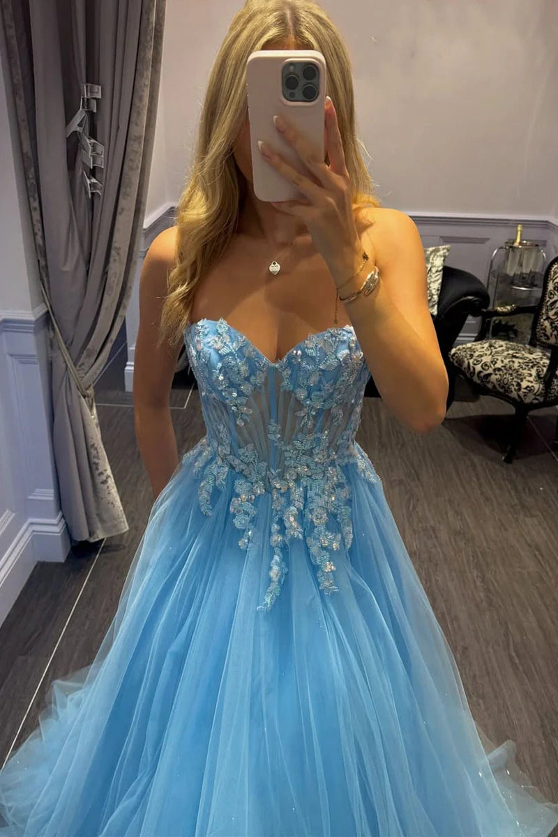 Tulle A-Line Lace Top Sweetheart Strapless Party Prom Dress