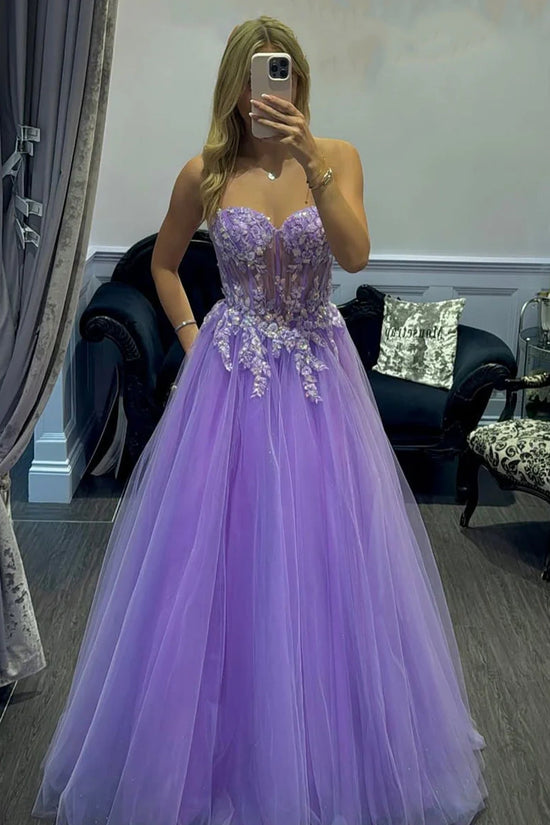 Tulle A-Line Lace Top Sweetheart Strapless Party Prom Dress