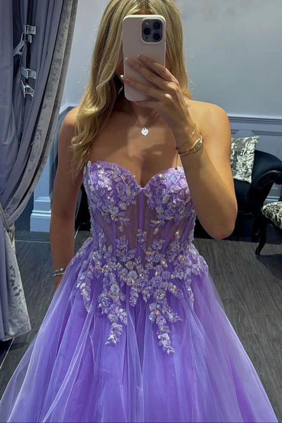Tulle A-Line Lace Top Sweetheart Strapless Party Prom Dress