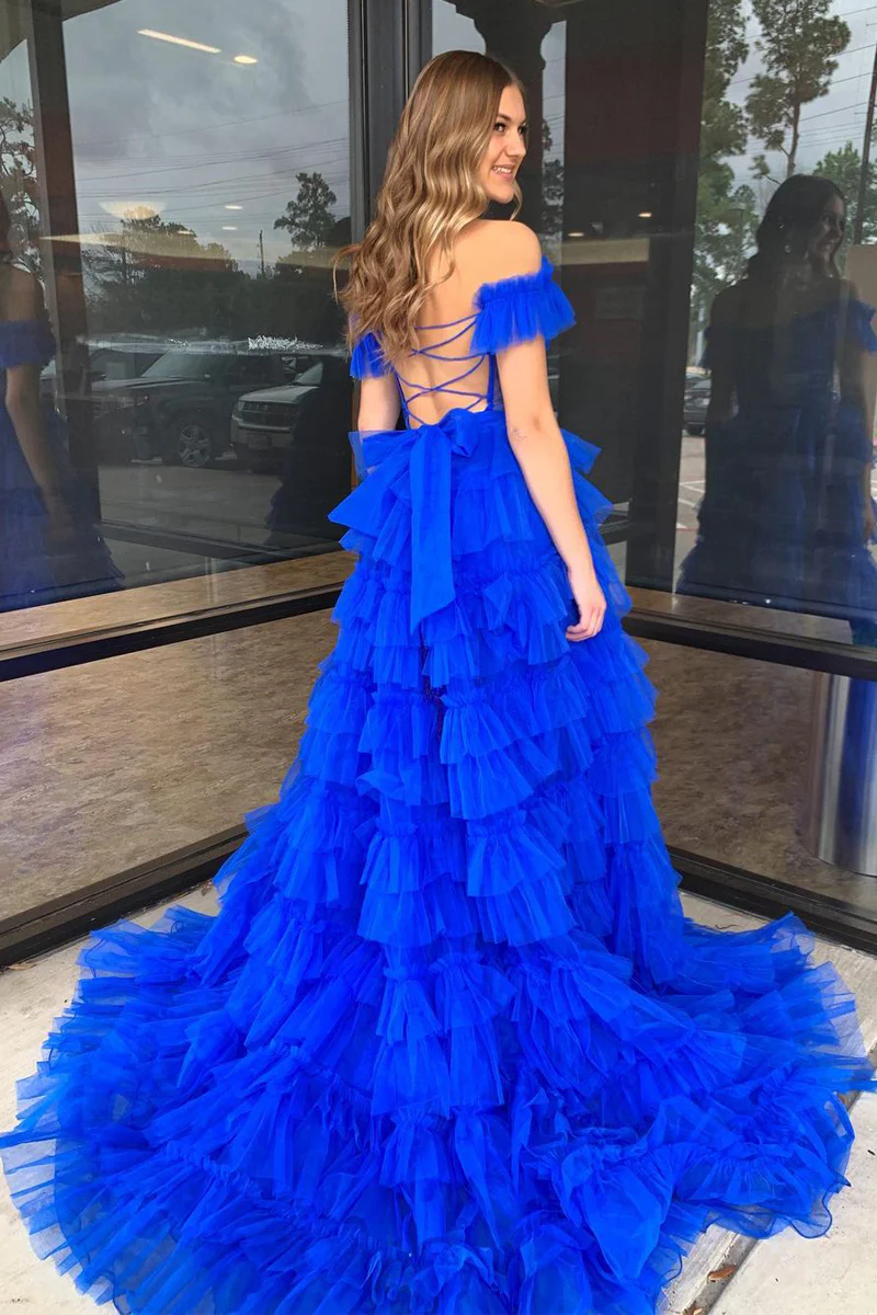 Tulle A-Line Off-Shoulder A-Line Tiered With Train Prom Dress