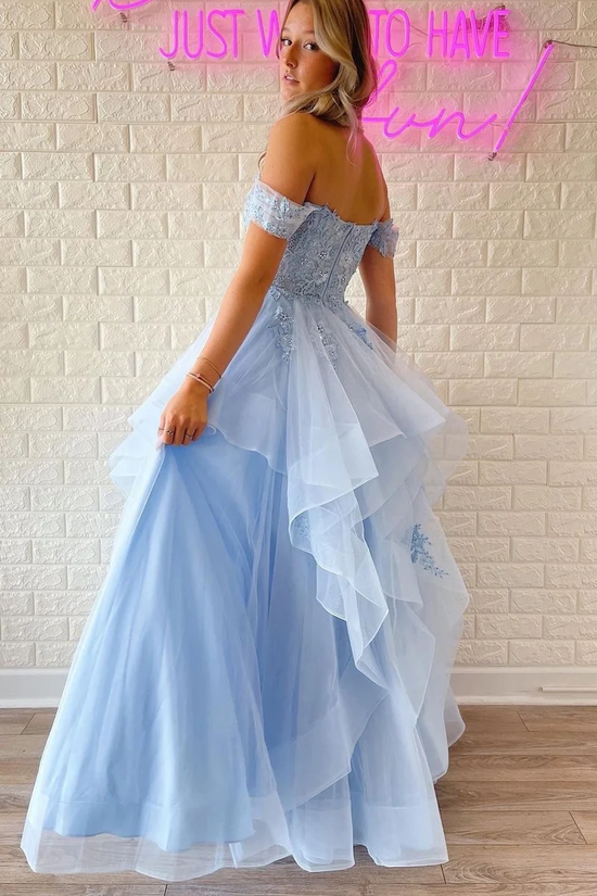 Tulle A-Line Off-Shoulder Beaded Appliques Long Prom Dress