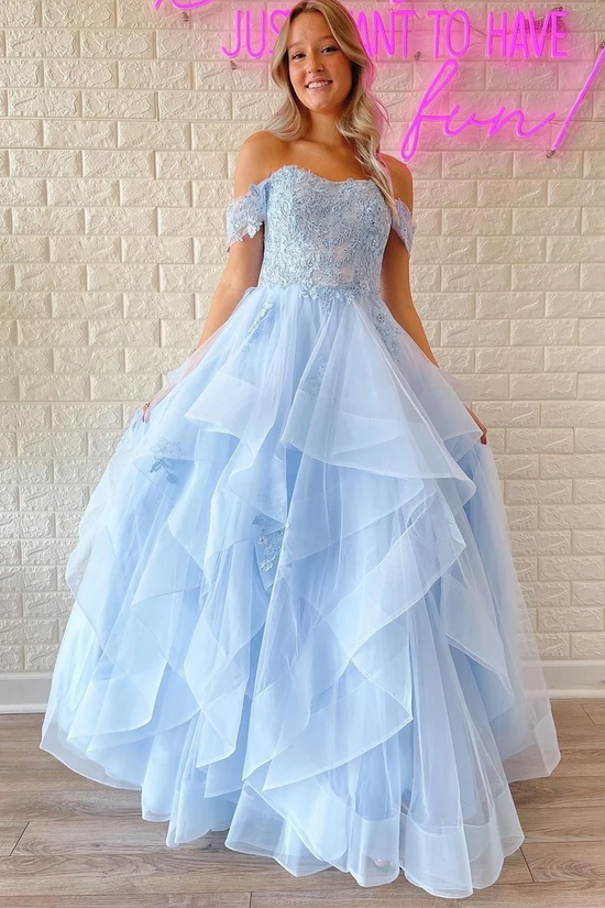 Tulle A-Line Off-Shoulder Beaded Appliques Long Prom Dress