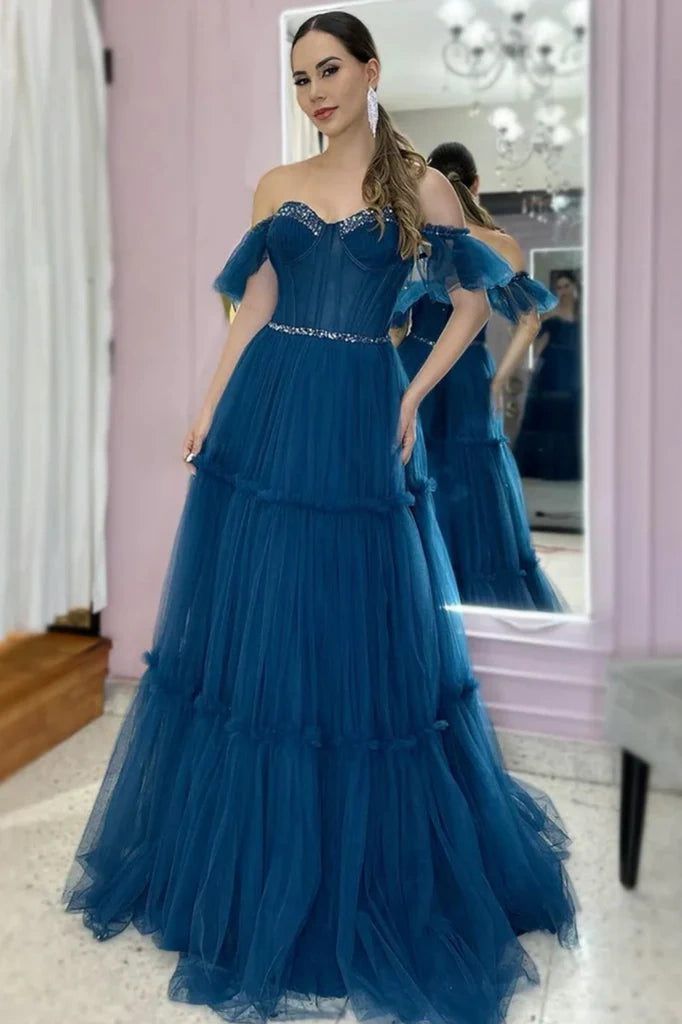 Tulle A-Line Off-Shoulder Empire Party Prom Dress