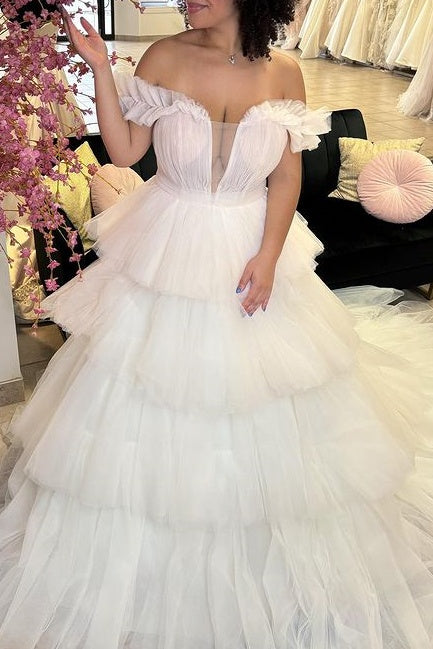 Tulle A-Line Off-Shoulder Empire Tiered Wedding Dress