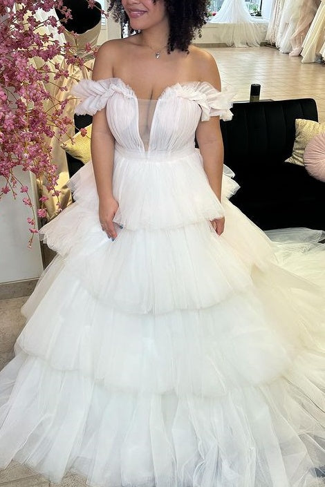 Tulle A-Line Off-Shoulder Empire Tiered Wedding Dress