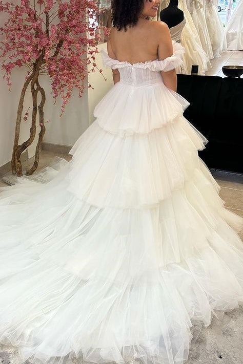 Tulle A-Line Off-Shoulder Empire Tiered Wedding Dress