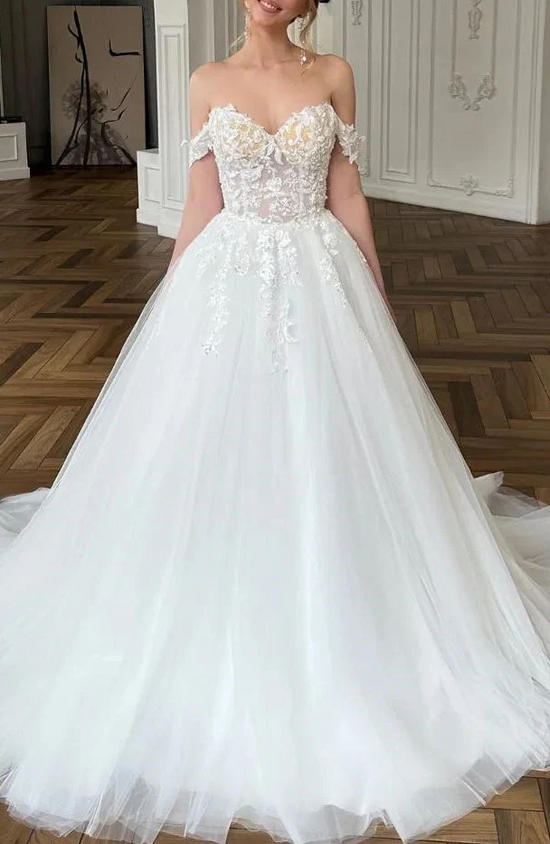 Tulle A-Line Off-Shoulder Lace Appliques Beaded Wedding Dress