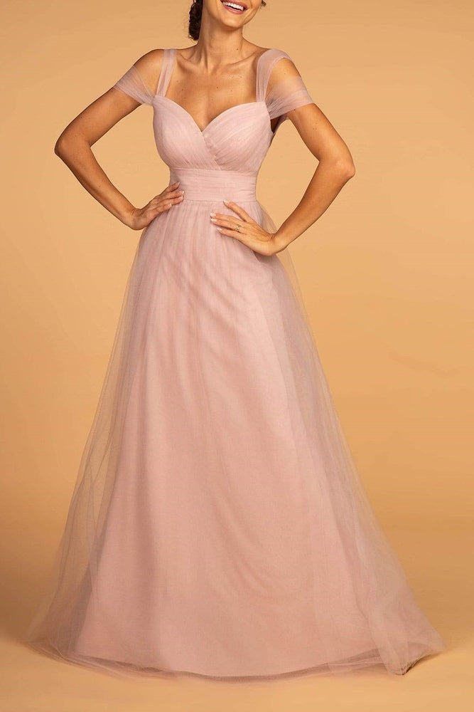 Tulle A-Line Off-Shoulder Open Back Bridesmaid Dress