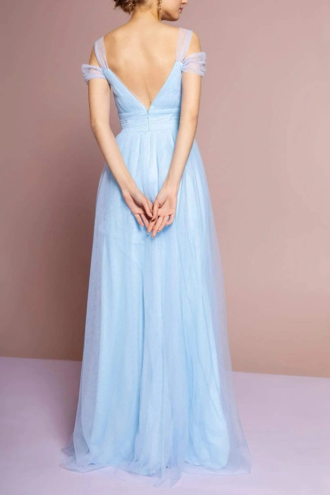 Tulle A-Line Off-Shoulder Open Back Bridesmaid Dress