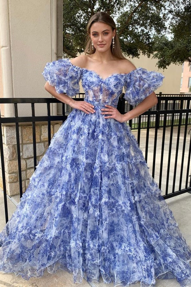 Tulle A-Line Off-Shoulder Puff Sleeves Long Party Prom Dress