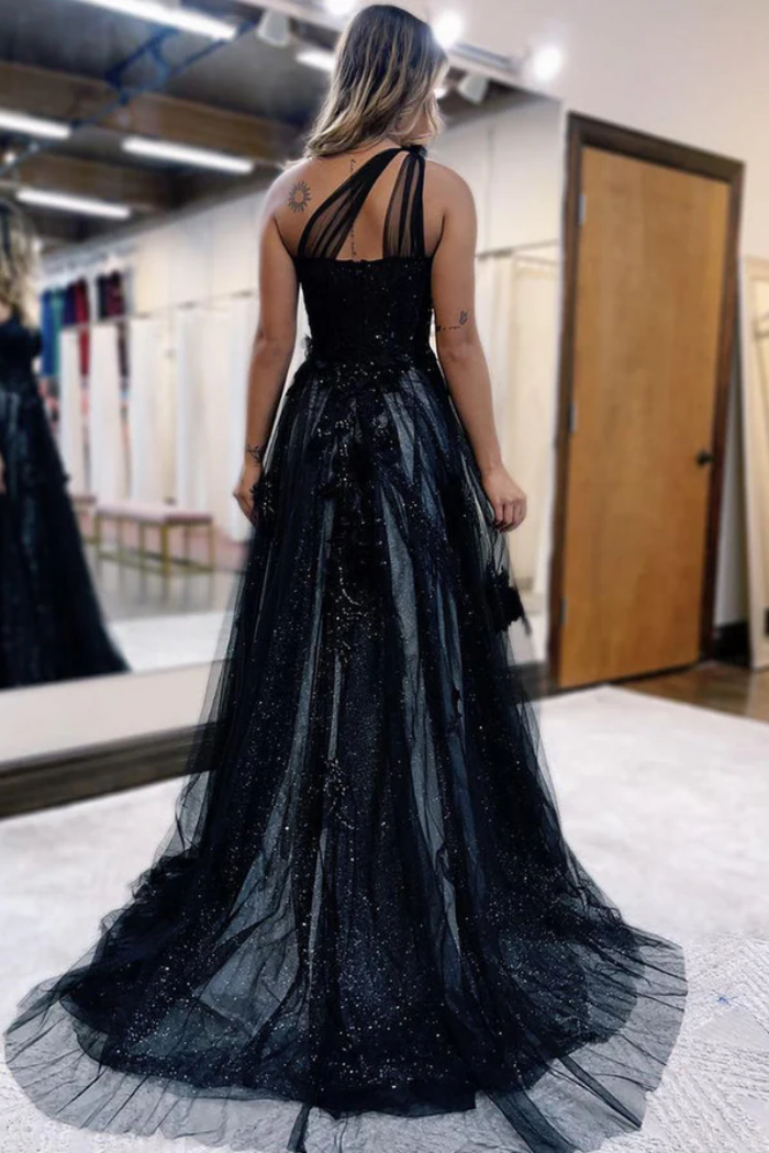 Tulle A-Line One Shoulder Appliques With Side Slit Prom Dress