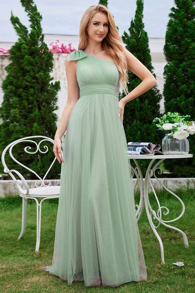 Tulle A-Line One Shoulder Sleeveless Empire Bridesmaid Dress