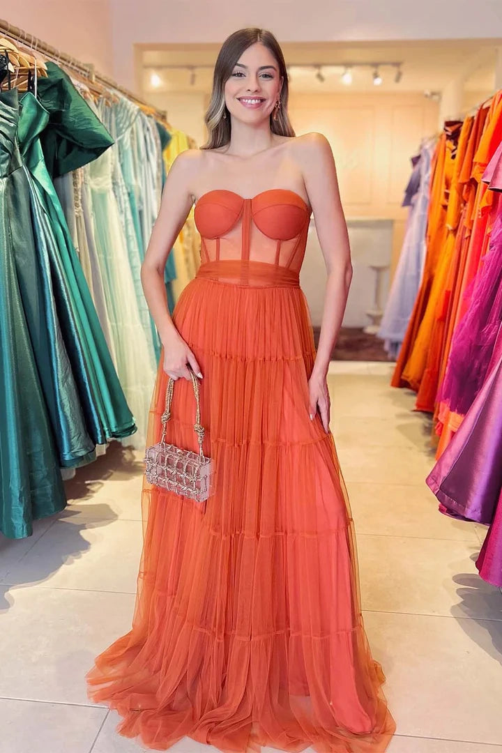 Tulle A-Line Sheer Empire Sweetheart Long Party Prom Dress