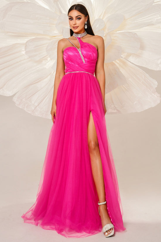 Tulle A-Line Sleeveless Party Evening Dress With Slit