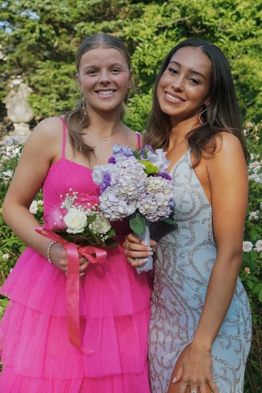 Tulle A-Line Sleeveless Tiered Party Prom Dress