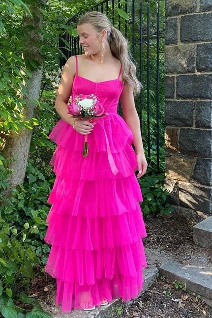 Tulle A-Line Sleeveless Tiered Party Prom Dress