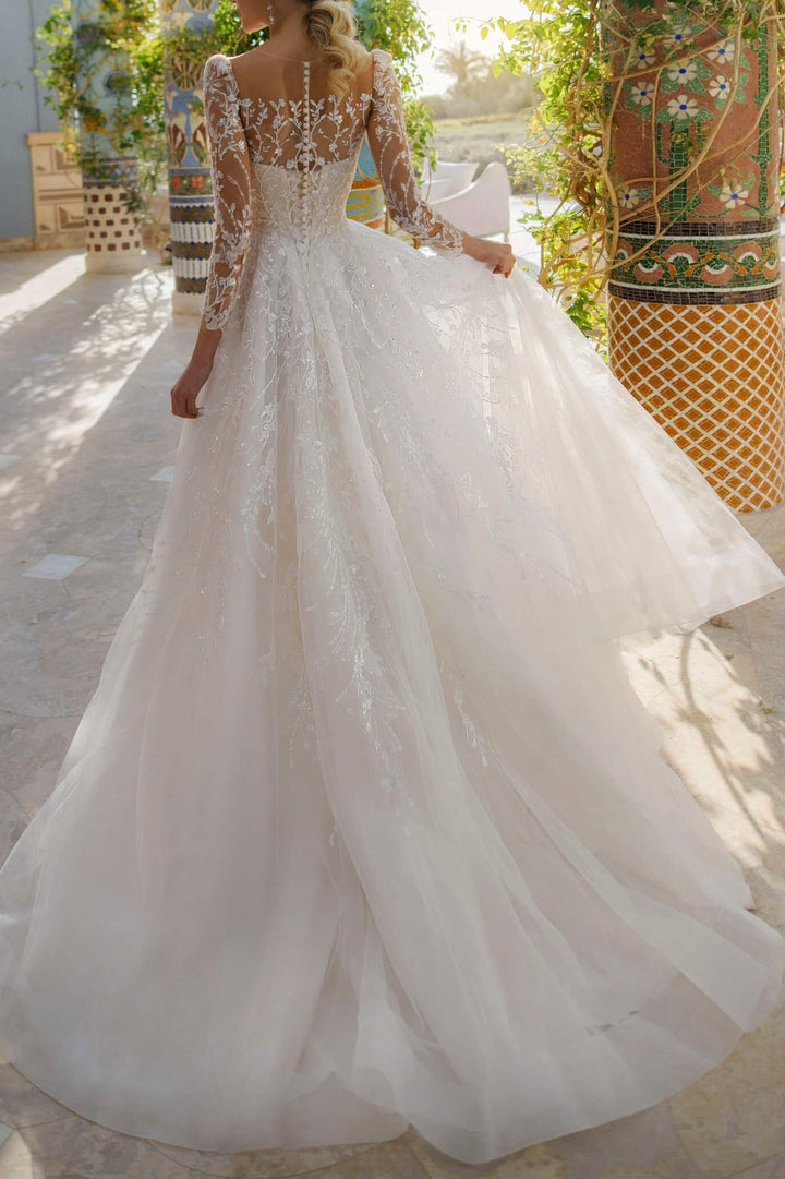 Tulle A-Line Square Long Sleeves Appliques Wedding Dress