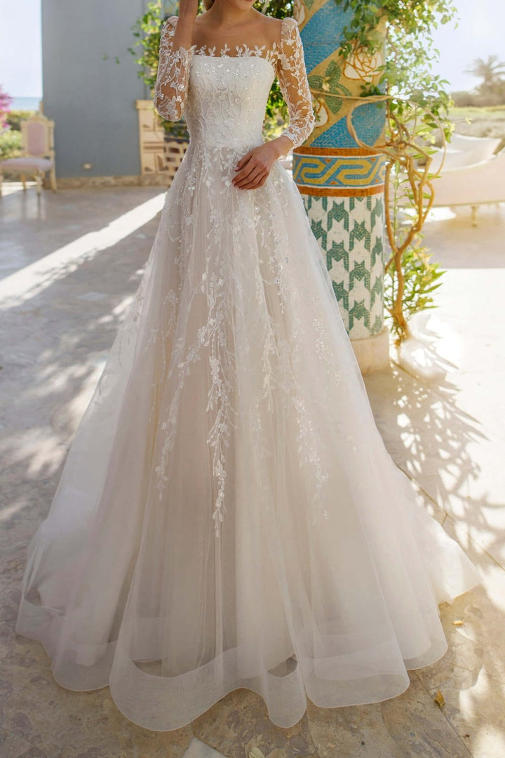 Tulle A-Line Square Long Sleeves Appliques Wedding Dress