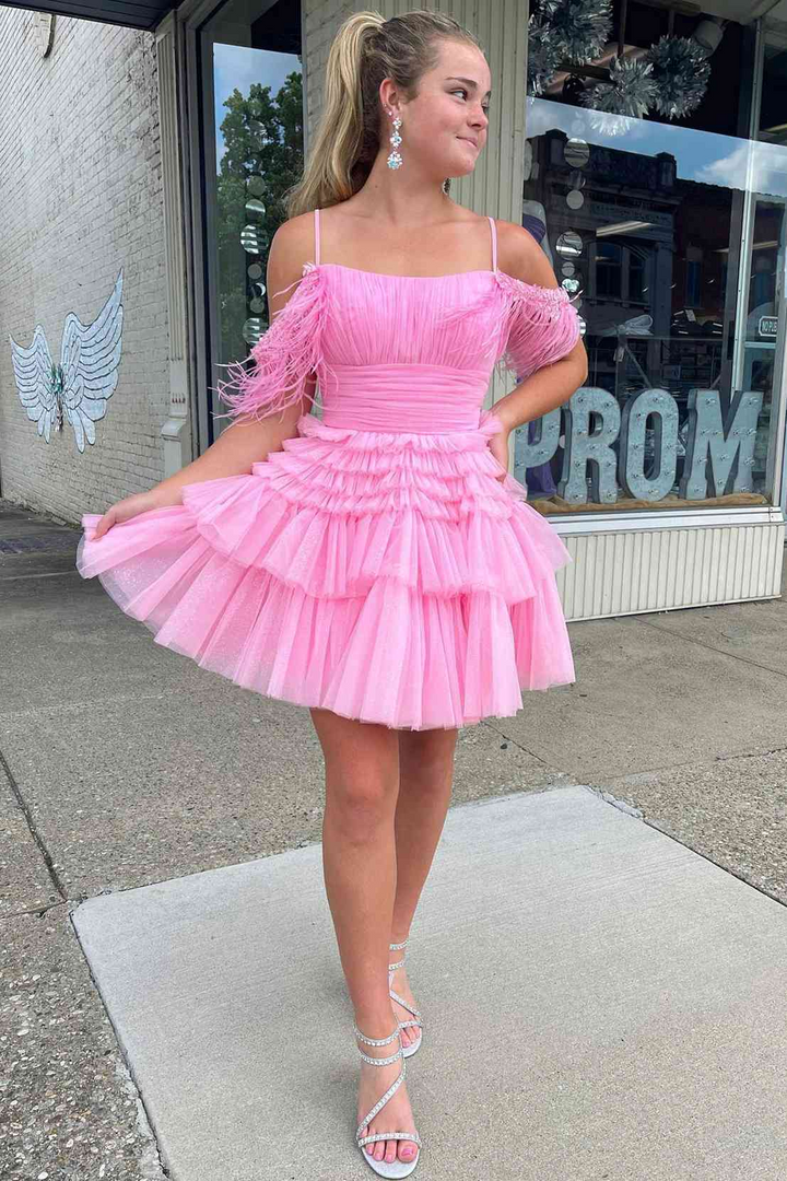 Tulle A-Line Square Off-Shoulder Tiered Short Homecoming Dress