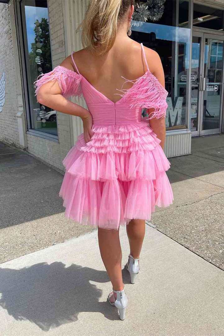 Tulle A-Line Square Off-Shoulder Tiered Short Homecoming Dress