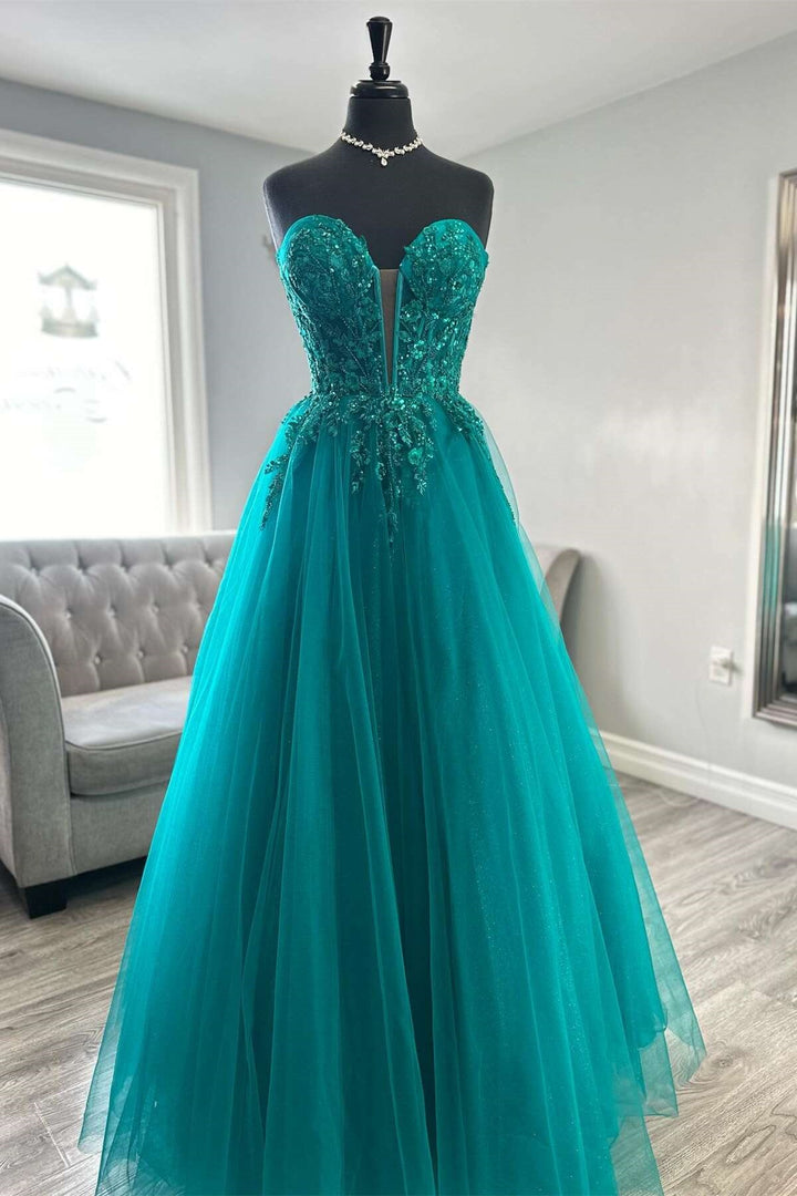 Tulle A-Line Strapless Sequins Appliques Party Prom Dress